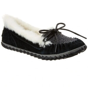 Sorel Out N About Slippers Black Suede Bow Moccasins Faux Fur Quilted 5